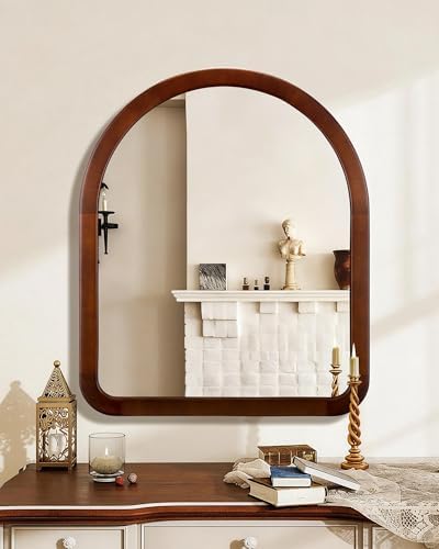 Arched Mirror 30 x 36 Inch, Walnut Brown Wood Rustic Bathroom Wall Mirror - Image 2
