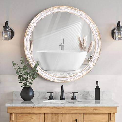 30 Inch Round Wood Mirror, Rustic Farmhouse Decorative Wall Mirror - Image 5