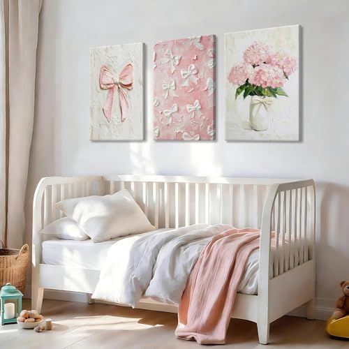 3Pcs Trendy Pink Bows Canvas Wall Art Cute Girly Coquette Watercolor Hydrangea - Image 2