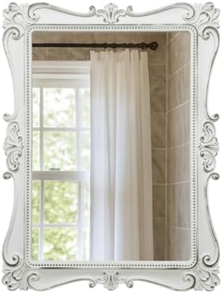 Antique White Wall Mirror, Vintage European Ornate Carved Frame - Image 6