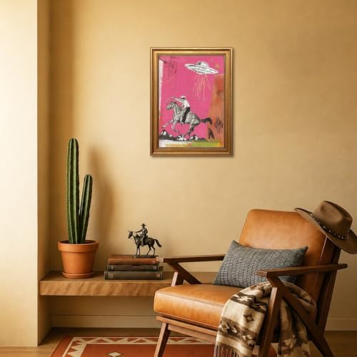 Vintage Gold Framed Western Wall Art, Retro Cowboy UFO Abduction Pictures Wall - Image 3