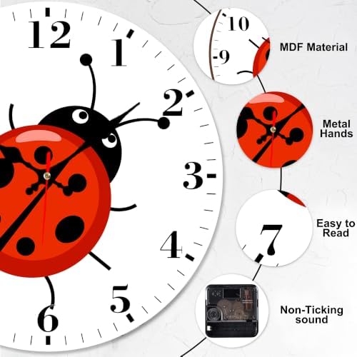 12" Silent Wall Clock, Round Wall Clock, Cute Cartoon Ladybug - Image 3