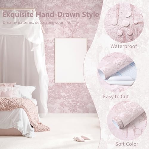 Dimoon 17.3" X 196.8" Peel and Stick Wallpaper Pink White Modern Toile Floral - Image 2