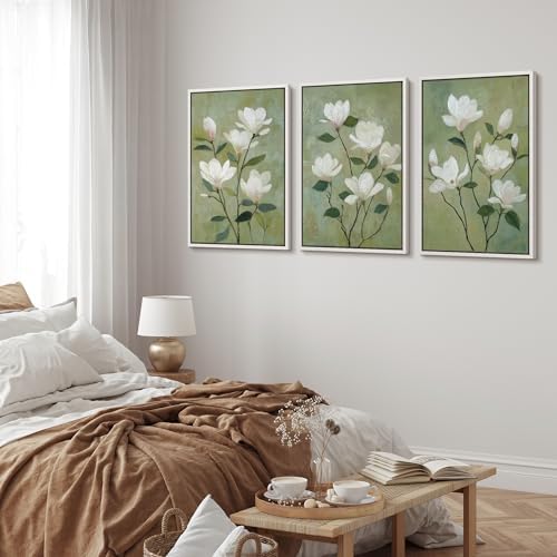 MUDECOR Framed Canvas Print Wall Art White Magnolia Floral Soft Green Botanical - Image 3