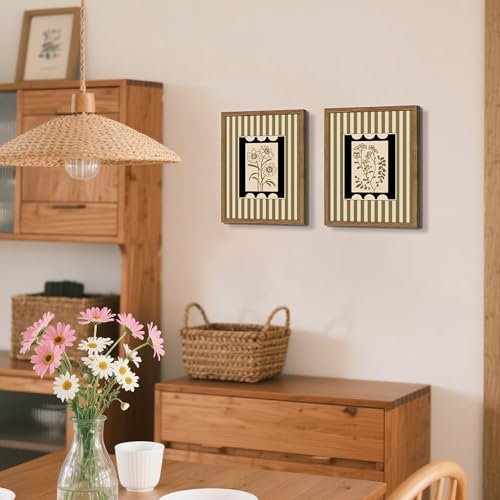 Framed Vintage Botanical Wall Art Set of 2, Olive Green Striped Floral Line - Image 7