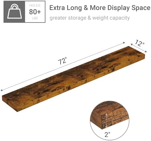 Vivelove Deep Floating Shelves 72x12” Set of 1, Rustic Brown - Image 3