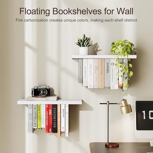 Floating Bookshelves for Wall, Rustic Wood Hanging Wall Bookshelf, Upside Down - Image 4