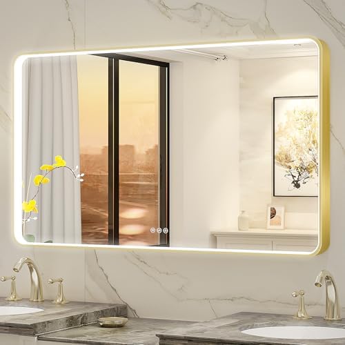 LED Mirror for Bathroom 48X28 Inch Gold Framed by Oerbasz