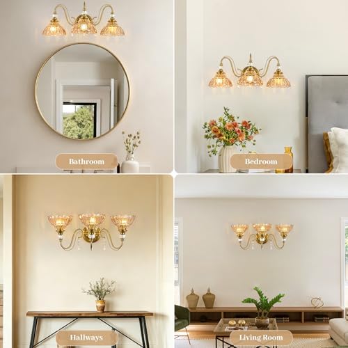 Vintage Bathroom Vanity Light, 3-Light Brushed Gold Finish Wall Sconce - Image 5