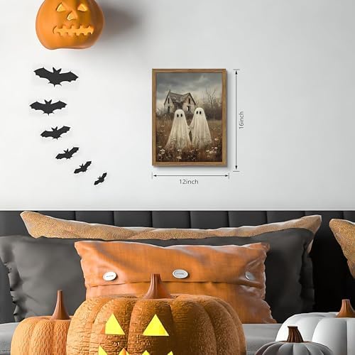 Framed Vintage Halloween Ghost Wall Art, Cute Two Ghost Holding Hands Canvas - Image 4