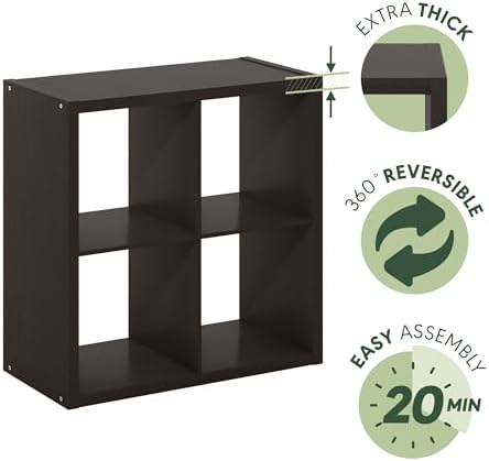 Furinno CUBICLE 4-Cube Book Shelf, Extra Thick Frame Bookshelf, Dark Oak - Image 6