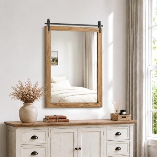 Farmhouse Bathroom Vanity Mirror, 40”x 26” Wood Barn Door Mirror, Light Brown - Image 5