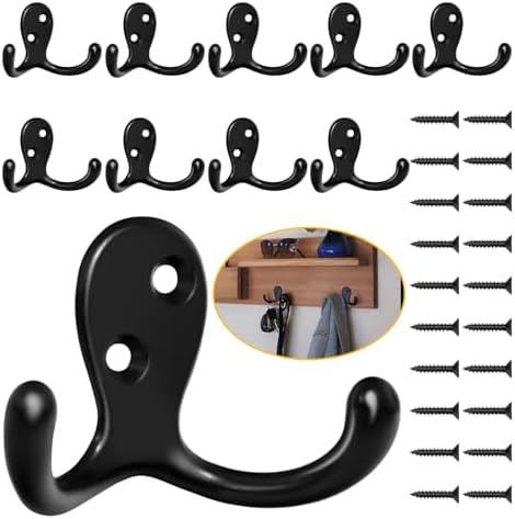 Homanu 10 Pack Black Coat Hooks Wall Mounted Double Prong by Homanu