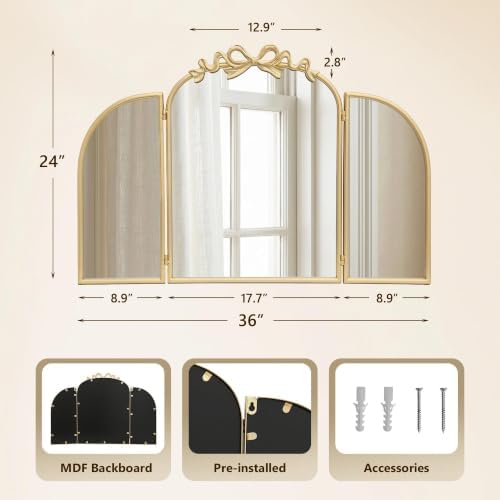 Besdomus Bow 3 Way Vanity Mirror: 36"x24" Gold Large Vintage Trifold Mirror - Image 6