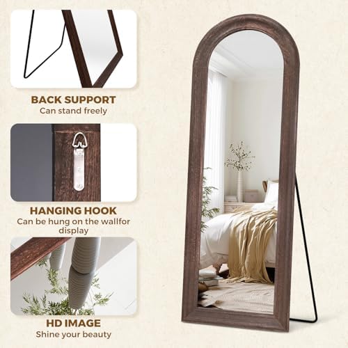 65x22 Solid Wood Arched Full Length Mirror, Elegant Brown Finish - Image 2