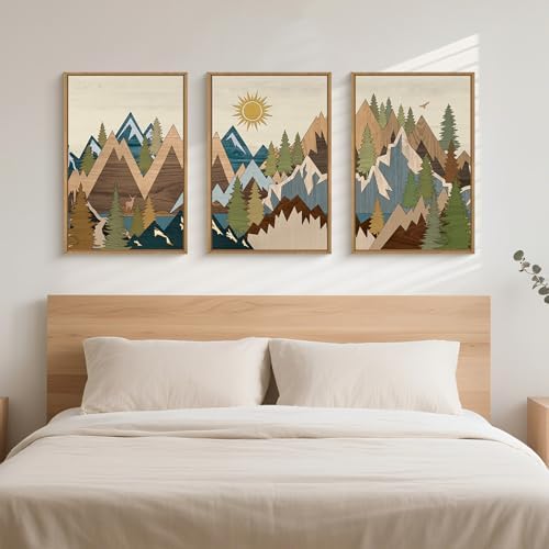 FWIEXA Large Mountain Canvas Wall Art Set Woodcut, Sunrise Pine Tree Framed - Image 2