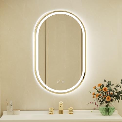 24x40 Inch Oval Gold Framed LED Bathroom Mirror by JingYiMingJing