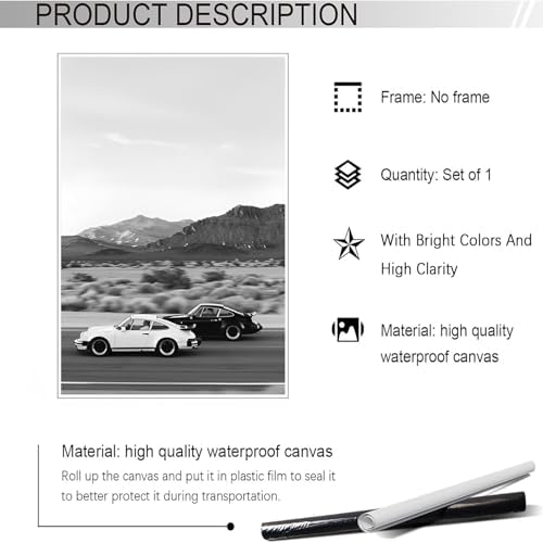 Retro Black And White Car Poster Supercar Canvas Wall Art Luxury Car Lover - Image 2