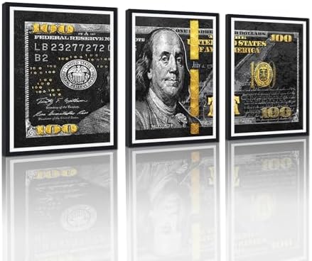 Money Wall Art Canvas Black Framed 100 Dollar Bill Painting 3 Panels by YatsenBridge