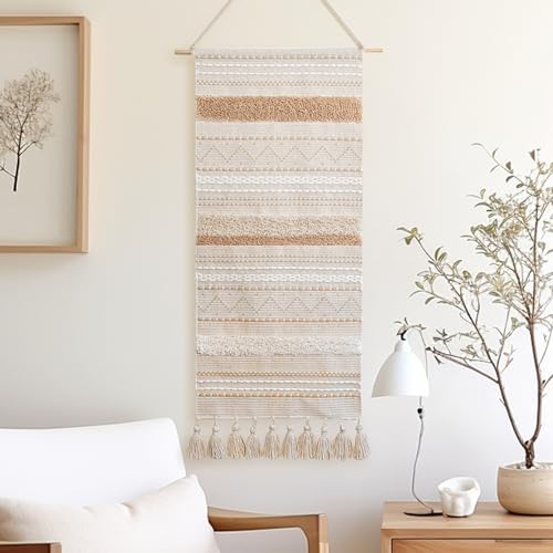 BlissBlush Long Vertical Wall Hanging Tapestry Woven Boho Farmhouse Decor Cream by BlissBlush