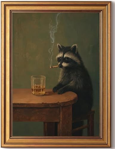 Gold Framed Raccoon Canvas Wall Art, Funny Animal Picture Wall Decor 24x16in by BringCharacterHome