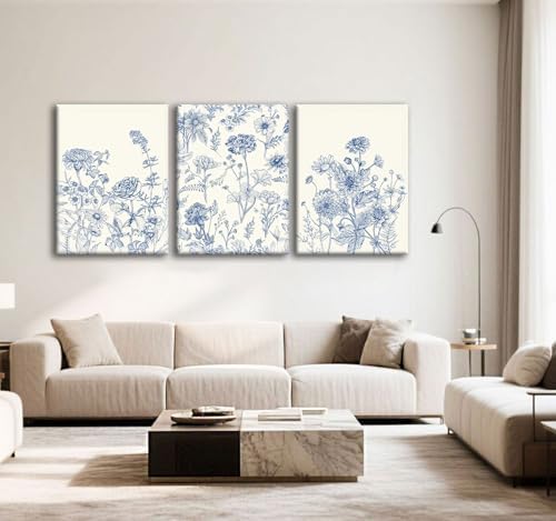Blue Botanical Canvas Wall Art, 3 Piece Gallery Wrapped Set, 16x24 Inch - Image 7