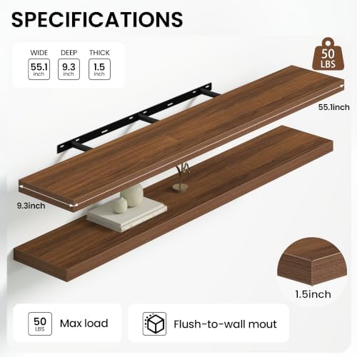 Heimlove Floating Shelves 55.1" W x 9.3" D Walnut Set of 2 - Image 4