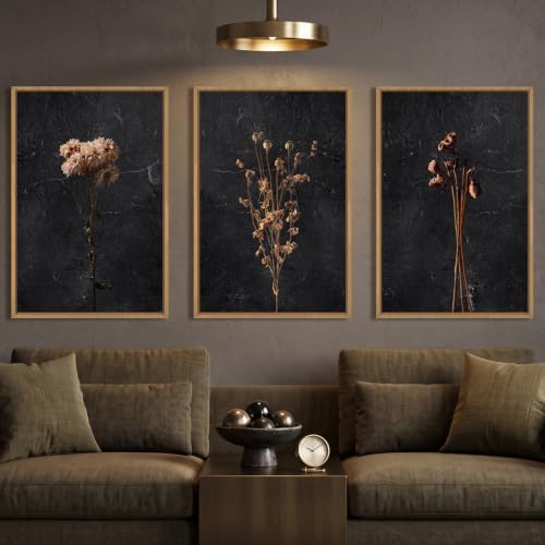 Large Boho Moody Dark Floral Framed Canvas Wall Art Set -24"x36"x3 by Ausril