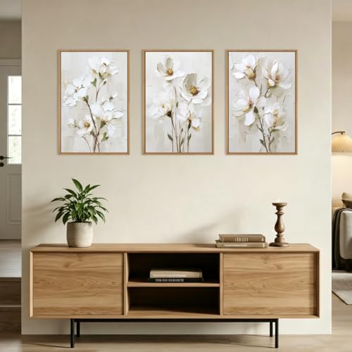 FWIEXA 3D Beige White Floral Canvas Wall Art, Neutral Flower Framed Wall Art - Image 6
