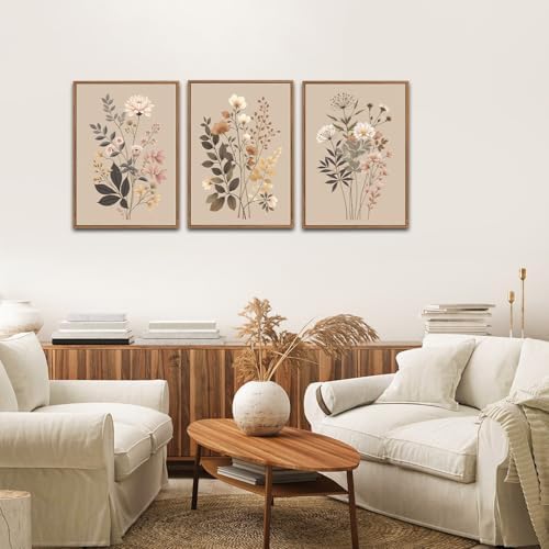 CHDITB Vintage Flower Framed Canvas Wall Art Set, Large Neutral Wildflowers - Image 2