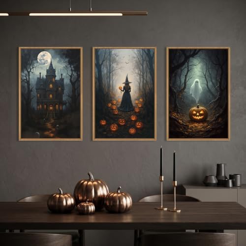 Ausril Halloween Moon Castle Framed Canvas Wall Art Set, Scary Dark Forest - Image 3