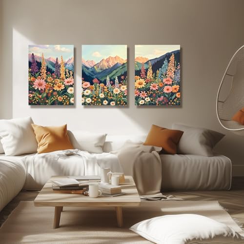 Hianan Wrapped Canvas Boho Moutain Wildflower Wall Art Set of 3, 16x24 in - Image 3