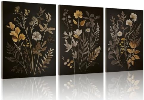 Vintage Dark Gothic Flowers Canvas Wrapped Wall Art Set of 3 24x16in Framed by Unknown