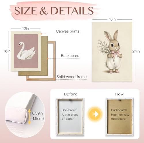 Hianan Wrapped Canvas Pink Cute Bunny Nursery Wall Art Set of 3, 16x24 in - Image 6