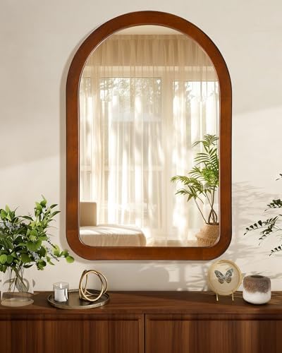 Arched Mirror 24 x 36 Inch, Walnut Brown Wood Rustic Bathroom Wall Mirror - Image 3