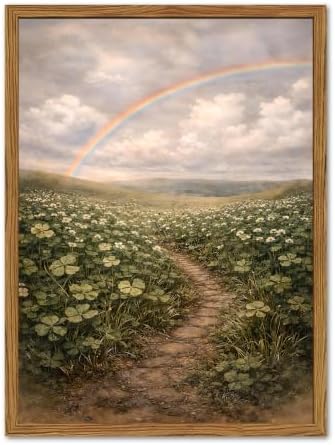 Framed Vintage Landscape Canvas Wall Art, Rustic Wildflower Field Rainbow by Unknown