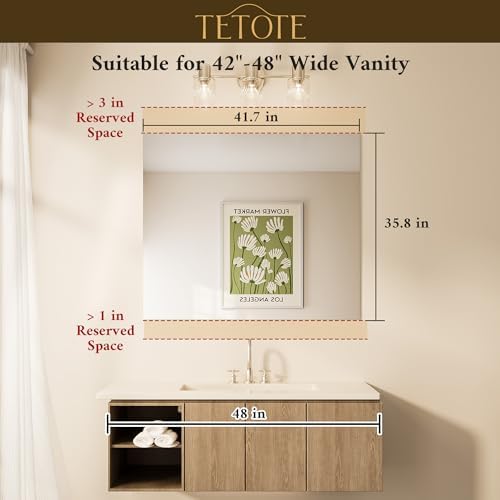 TETOTE Frameless Mirror 42" x 36" Bathroom Vanity Mirror Wall Mounted 4mm - Image 2