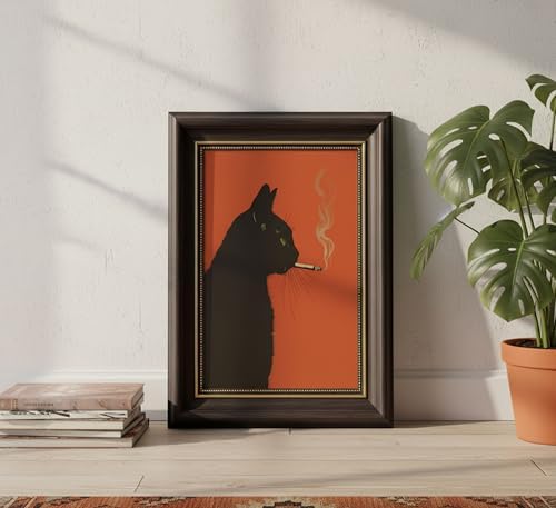 Dark Brown Framed-Vintage Smoking Cat Wall Art-Whimsical Animal Canvas Prints - Image 2