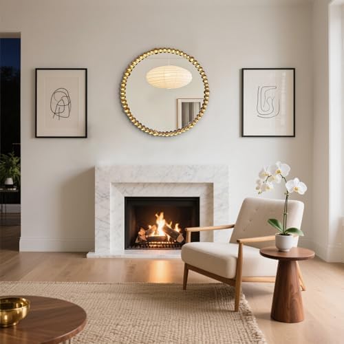 Gold Round Mirror with Beaded Frame ，Circle Antique Bathroom Vanity Mirror - Image 5
