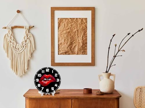 Red Lips Wall Clock Sexy Biting Lips on Black Background Battery Powered Wall - Image 3