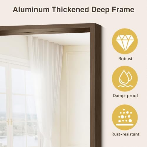 Bathroom Mirror, 24 x 24 inch Walnut Wood Grain Colored Aluminum Metal Frame - Image 6