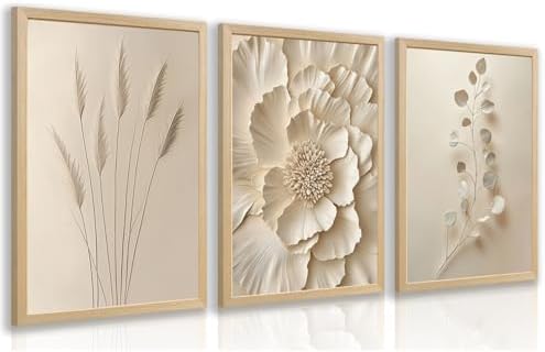 Hianan Wood Framed Neutral Beige Botanical Wall Art Set of 3, 12x16 in by Unknown