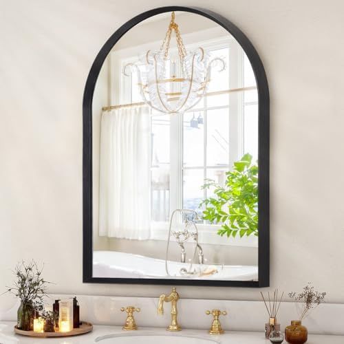 Arched Wall Mirror, Metal Frame Black Bathroom Mirror, Arched Vanity Mirror by HLFMVWE