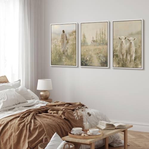 MUDECOR Framed Canvas Print Wall Art Set Jesus and Lambs - Image 3