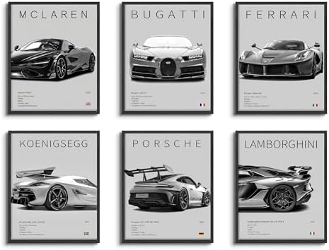 HTTART Car Posters for Boys Room Set of 6, Vintage Race Car Wall Art, Supercar by Unknown