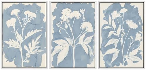 MUDECOR Framed Canvas Print Wall Art Blue Botanical Silhouette Soft Blue by MUDECOR