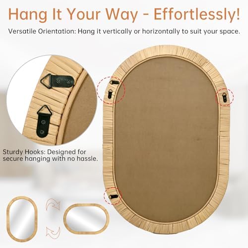 FUIN 20" x 30"Handcrafted Rattan Oval Wall Mirror – Natural Woven Wicker Frame - Image 5