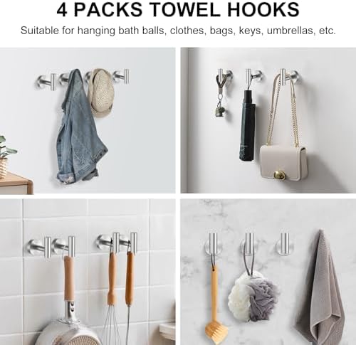 SetSail Towel Hooks for Bathrooms Screw-in 4 Packs Brushed Nickel Bathroom - Image 6
