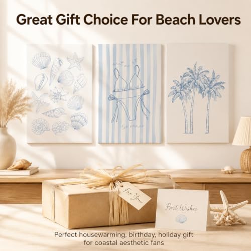 Setris 3Pcs Blue Coastal Wrapped Canvas Wall Art, Preppy Beach Summer Decor - Image 4