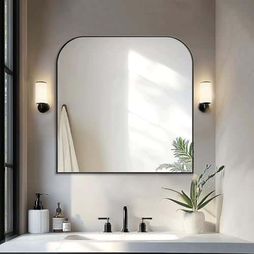 Delma 30"x30" Black Metal Framed Bathroom Mirror by Delma